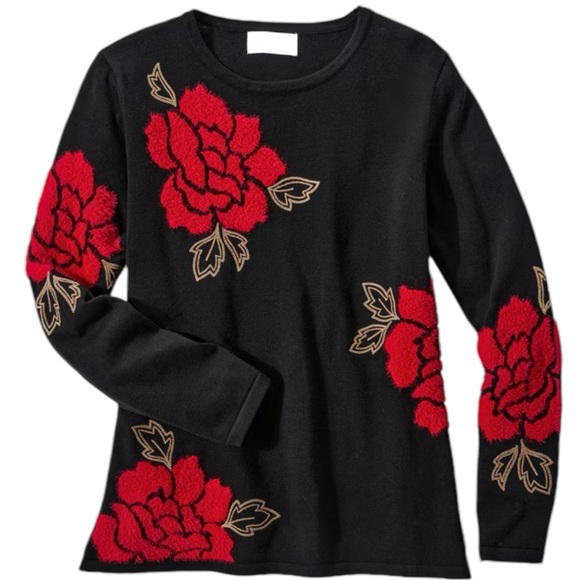 Alfred Dunner Long Sleeve Floral Rose Jacquard Soft Cozy Chic Christmas Sweater - Picture 3 of 7